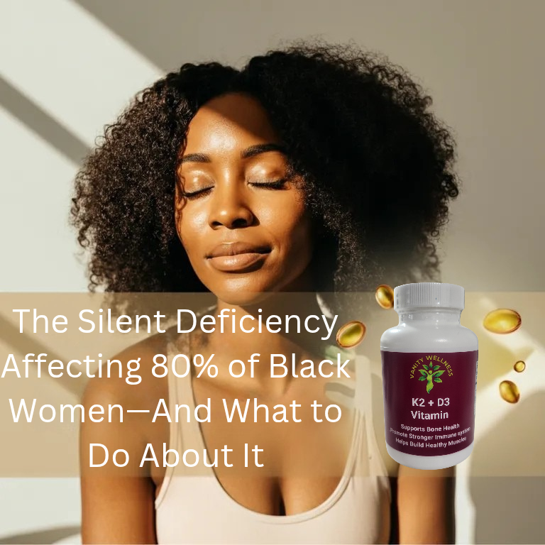 Woman with text about vitamin deficiency and a bottle of K2+D3 supplement.