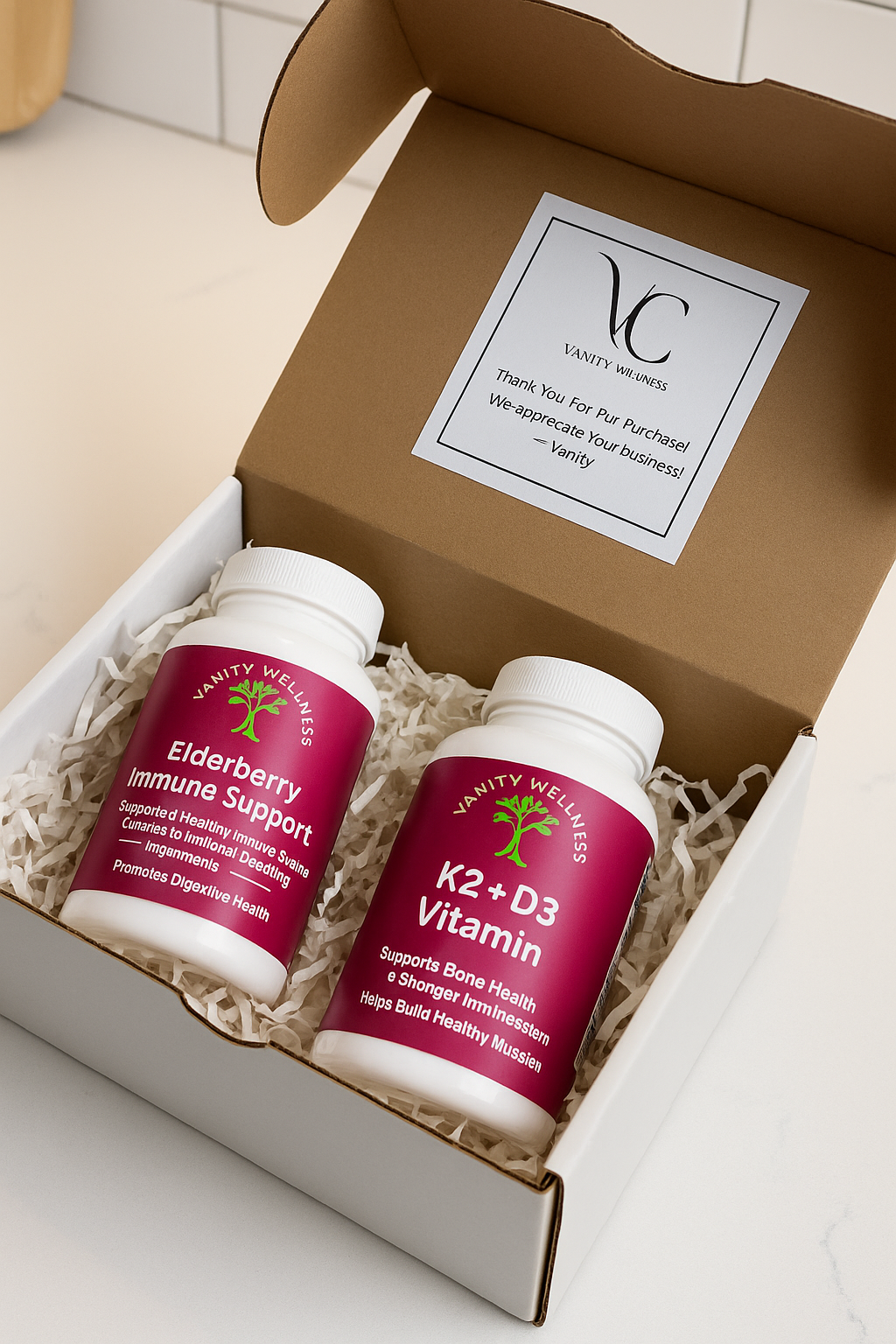 Two supplement bottles in a gift box with a visible brand label.
