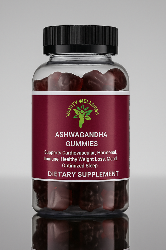 Bottle of Vanity Wellness Ashwagandha Gummies on a reflective surface with a gray background