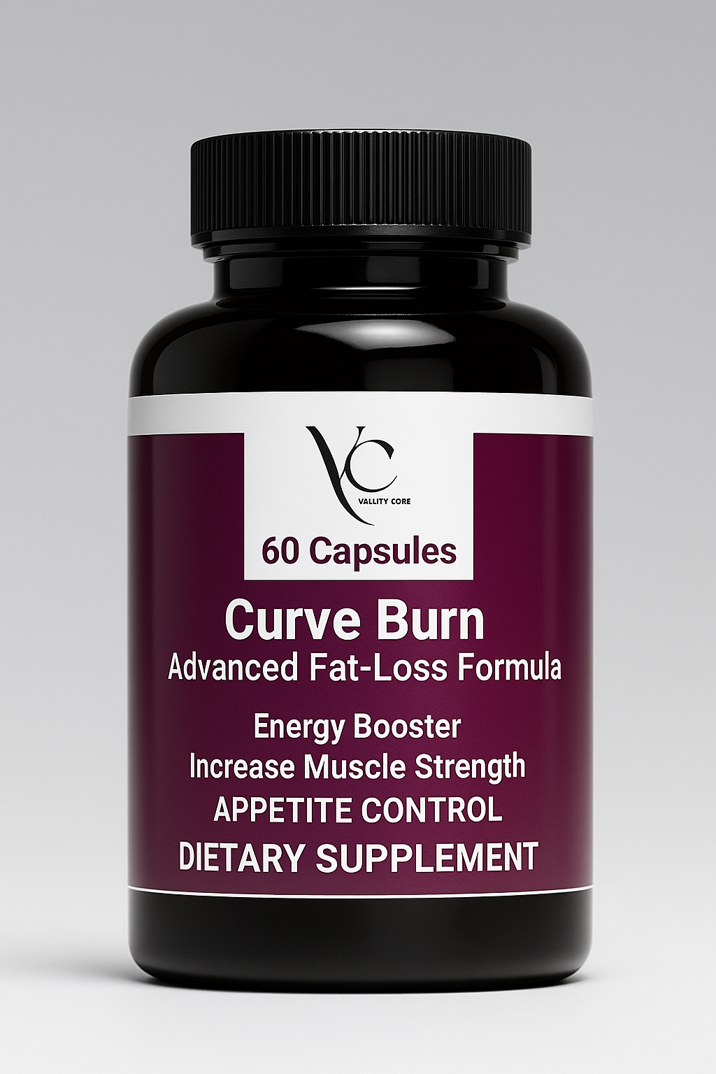 Supplement bottle labeled 'Curve Burn' on a gray background