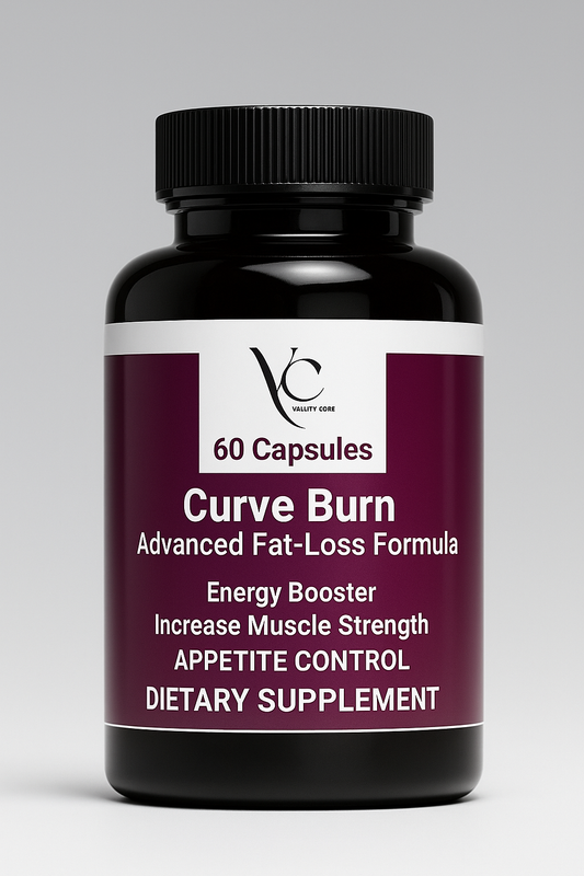 Supplement bottle labeled 'Curve Burn' on a gray background