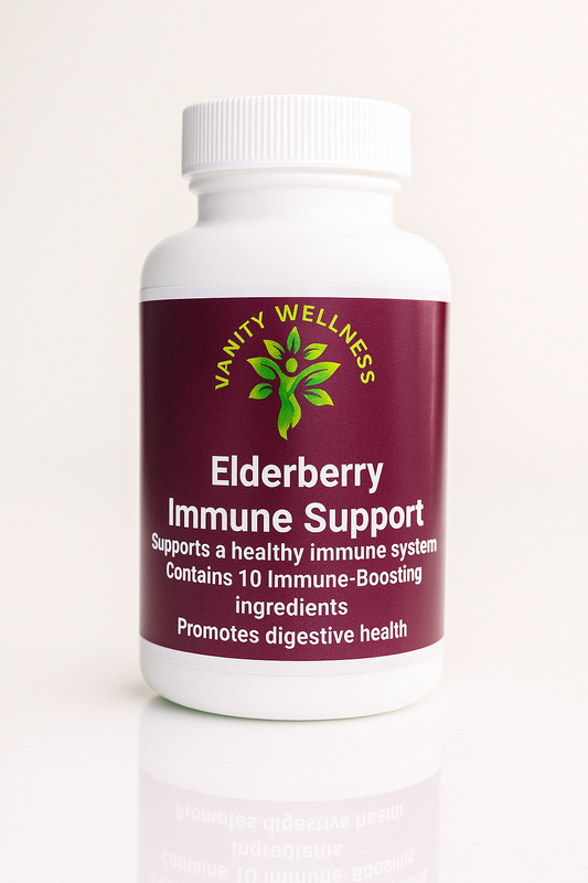 Vanity Wellness Elderberry Immune Support supplement bottle on a white background