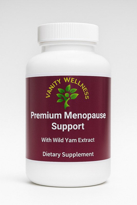 Vanity Wellness Premium Menopause Support dietary supplement bottle on a white background