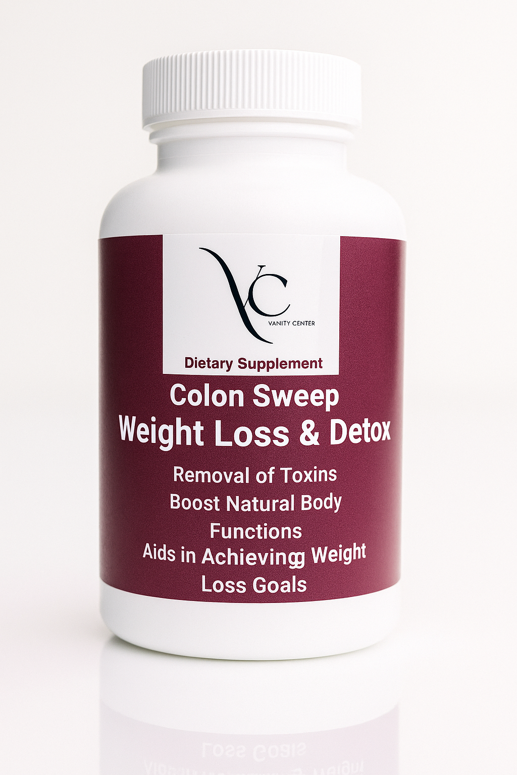 Supplement bottle labeled 'Colon Sweep Weight Loss & Detox' on a white background