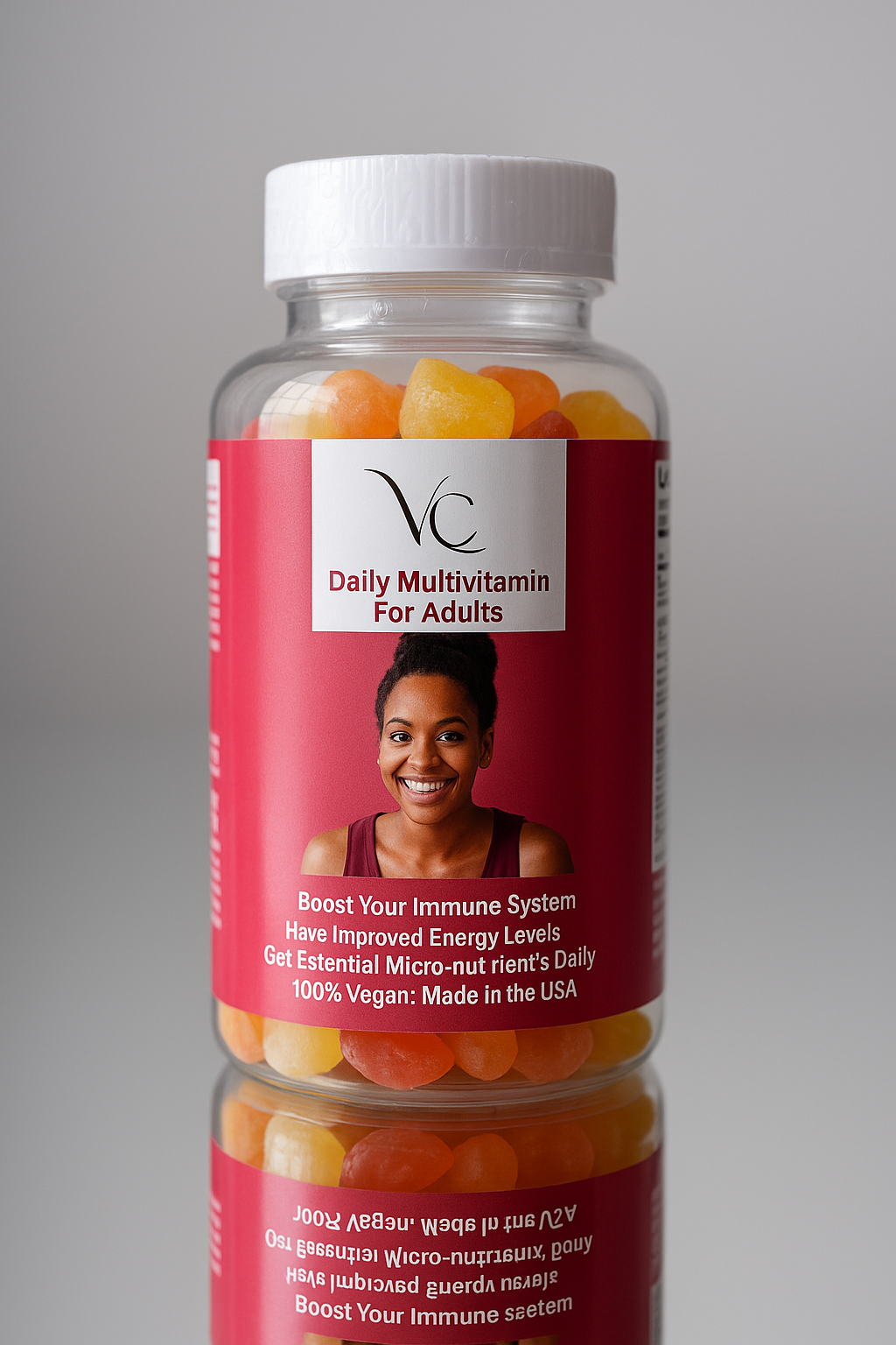Multivitamin bottle with a red label featuring a woman's face on a gray background