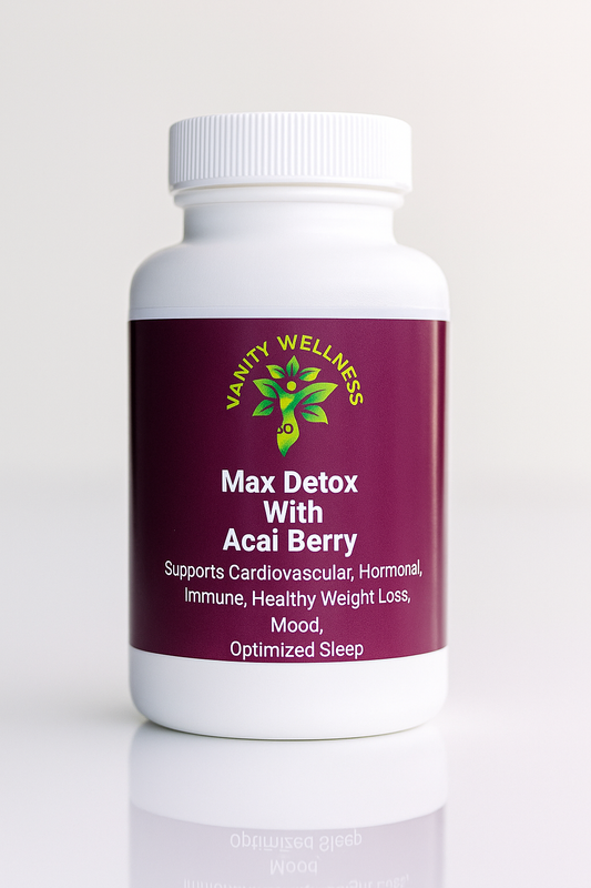 Vanity Wellness Max Detox with Acai Berry supplement bottle on a white background