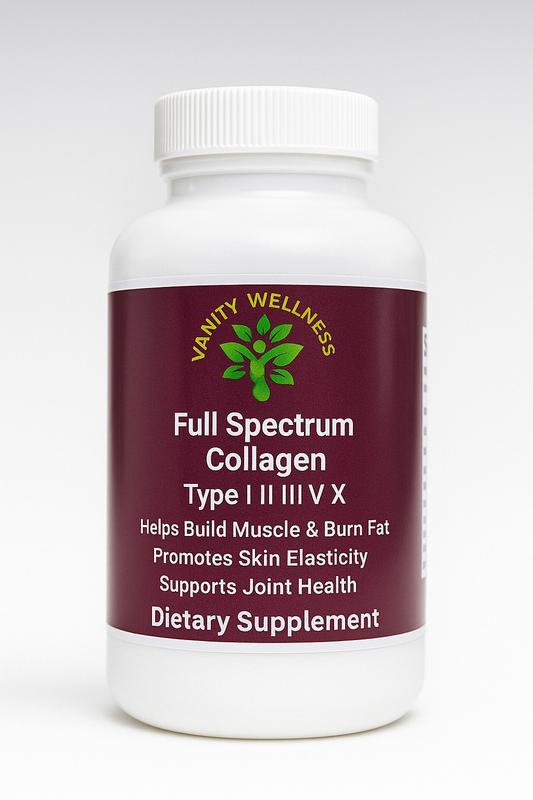 Vanity Wellness Full Spectrum Collagen supplement bottle on a white background