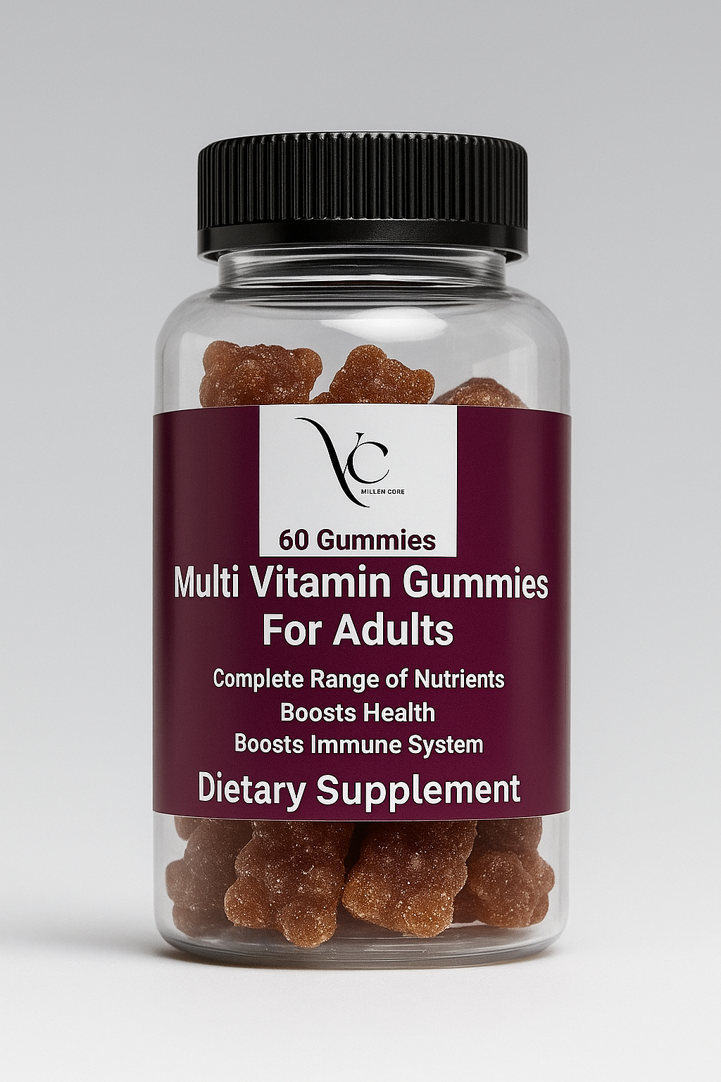Multivitamin gummies in a clear bottle with a purple label on a gray background