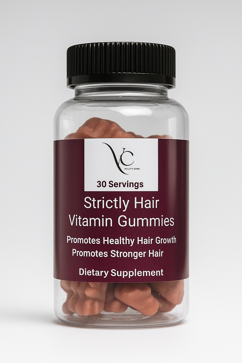 Bottle of Strictly Hair Vitamin Gummies with a white label on a light gray background