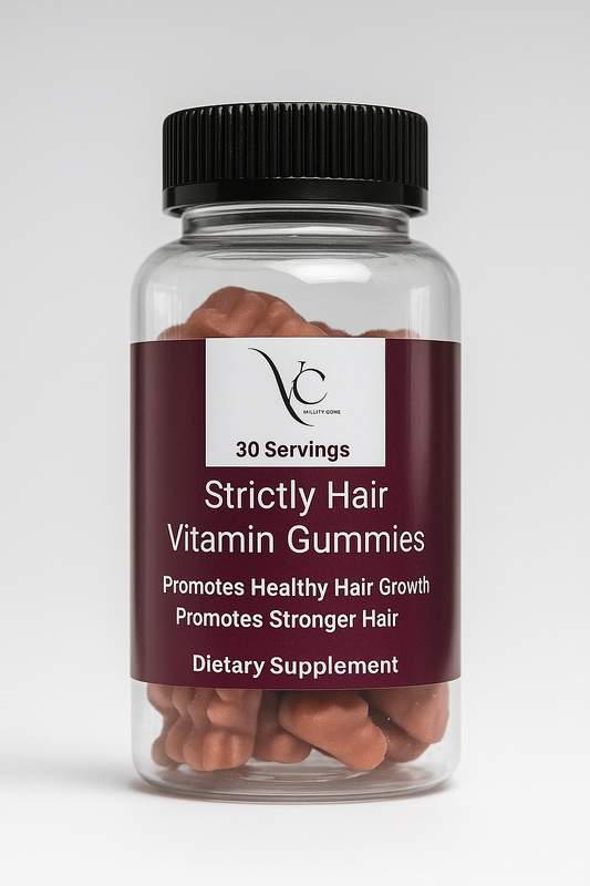 Bottle of Strictly Hair Vitamin Gummies with a white label on a light gray background