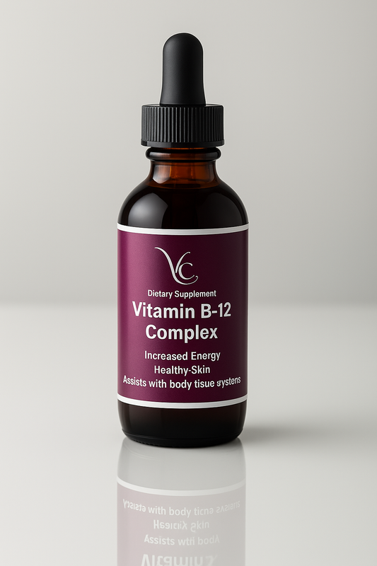 Vitamin B-12 complex dropper bottle with purple label on a gray background
