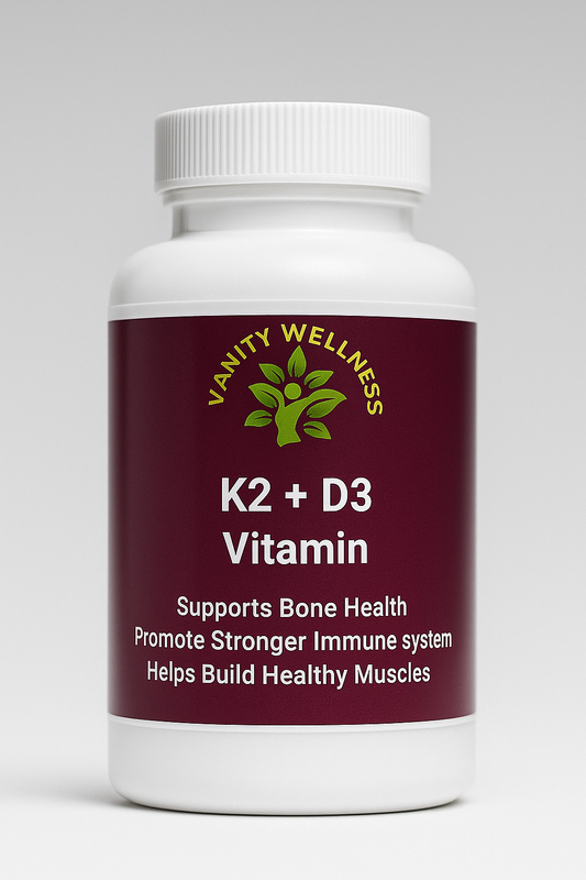 Vanity Wellness K2 + D3 Vitamin supplement bottle on a gray background